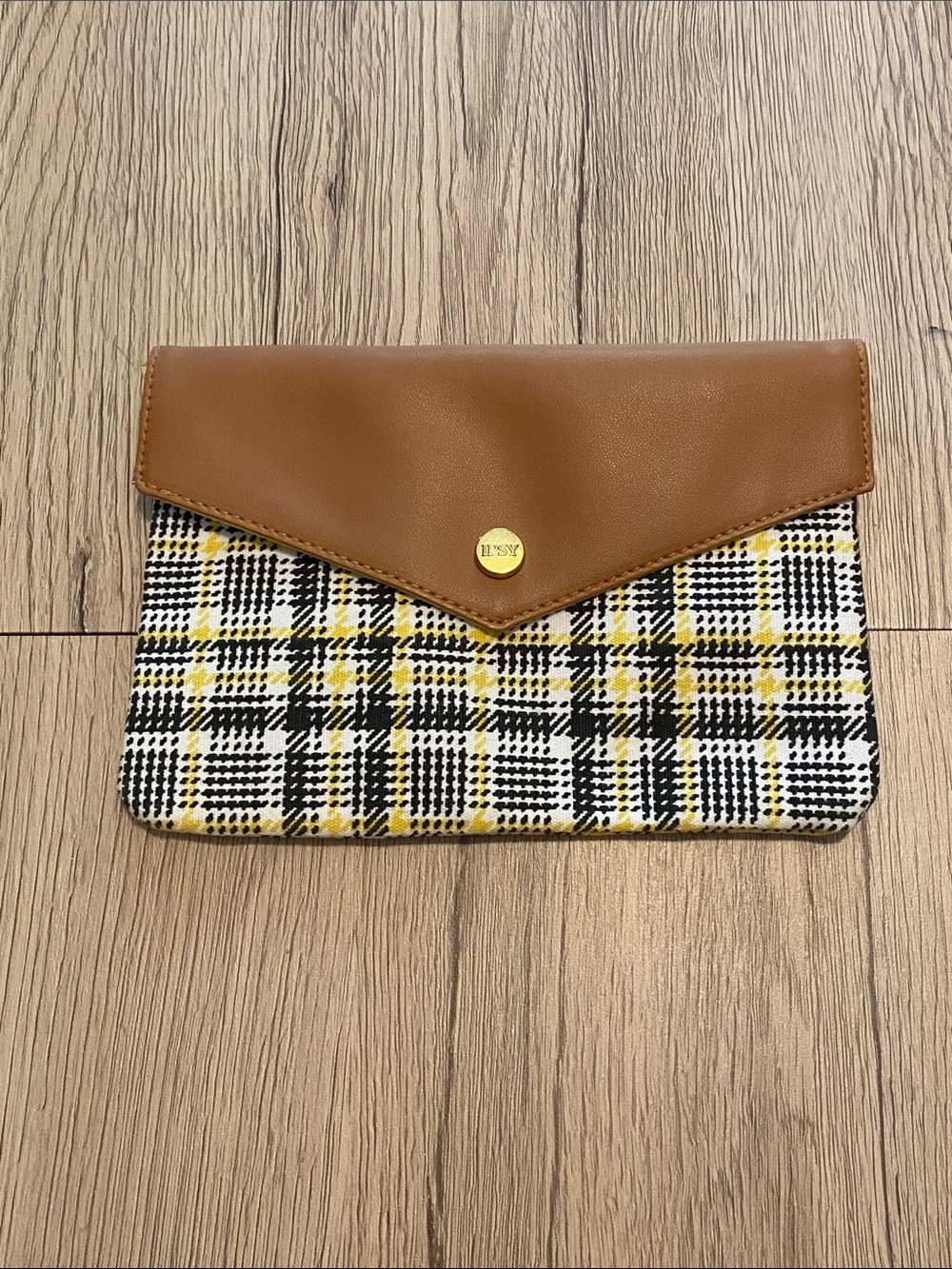 Ipsy Brown & Yellow Plaid Envelope Pouch